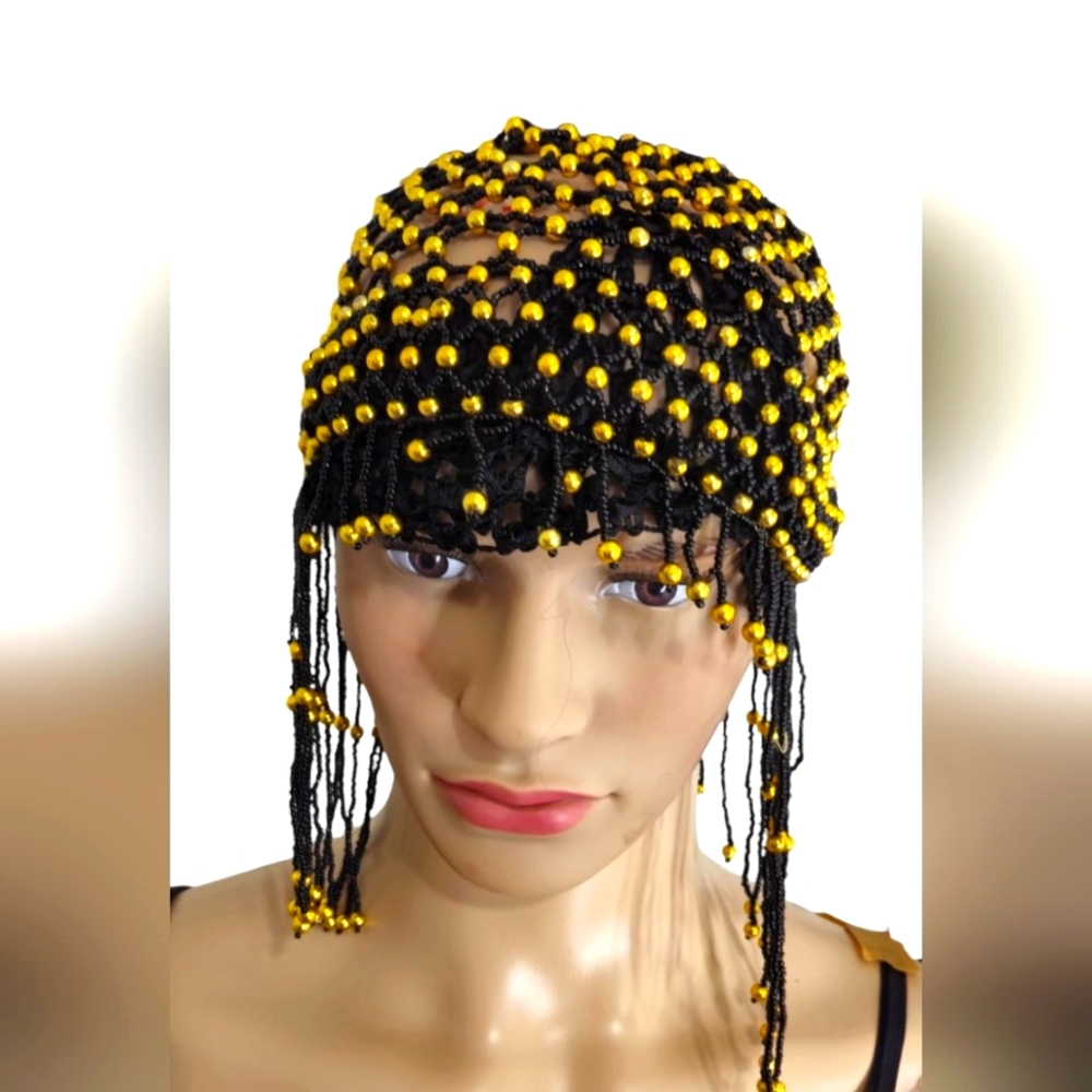 ``H25222 Beaded Black & Gold Skull Cap Headpiece